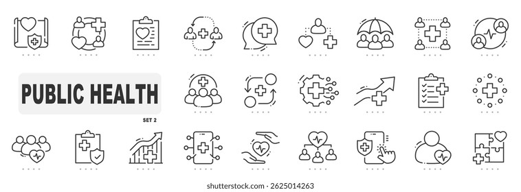 Set of public health related line icons. Healthy, society, protection, service etc. Editable stroke. Set 2