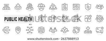 Set of public health related line icons. Healthy, society, protection, service etc. Editable stroke. Set 3