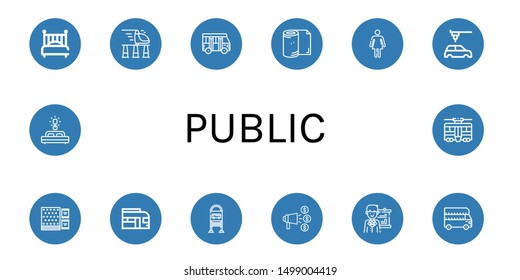 Set of public icons such as Bed, High speed train, School bus, Toilet paper, Female, Automobile, Napkin, Train, Bus stop, Announce, Presentation, Bus, Tram , public