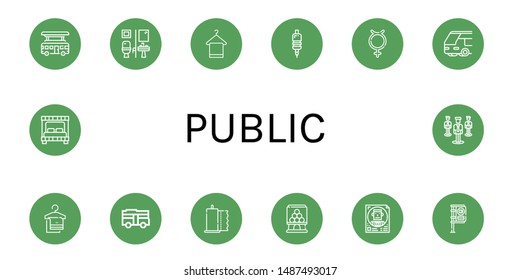 Set of public icons such as Bus, Restroom, Towel, Grip, Hermaphrodite, Paper towel, Candy machine, Politician, Bus stop, Bed, Group , public