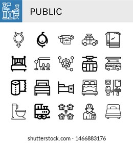 Set Of Public Icons Such As Presentation, Hermaphrodite, Urinal, Towel, Taxi, Bed, Bus Stop, Grouping, Cable Car, Bus, Paper Towel, Restroom, Wc, Train, Wireless, Gas Station Attendant , Public