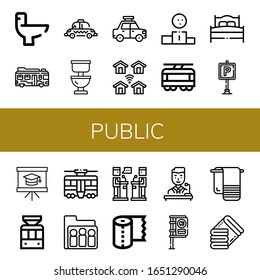 Set of public icons. Such as Wc, Bus, Taxi, Toilet, Wireless, Podium, Tram, Bed, Parking, Presentation, Tramway, Group, Debate, Paper towel, Politician, Bus stop , public icons