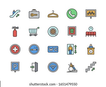 Set of Public Navigation Color Line Icons. Hanger, Taxi, Toilet, Wifi and more.