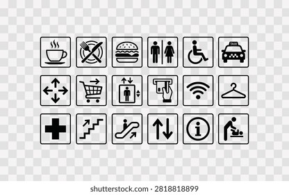 Set of public navigation icons for shopping mall, airport, and public places