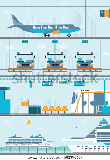 Set of public passenger transport by Bus, cruise ship,
sky train and airplane, conceptual of transportation vector
illustration. 