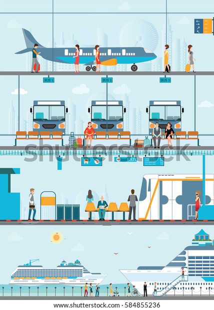 Set of public passenger transport by Bus, cruise ship,\
sky train and airplane, conceptual of transportation vector\
illustration. 