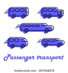 Set of public, passenger transport vector line icons with blue bright colorful fill. Contains such icons as bus, long auto, shift bus, minibus, car, taxi. Flat elements isolated on white background.
