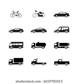Set of Public and Personal Transportation related icons. Minimal flat graphic transport symbol