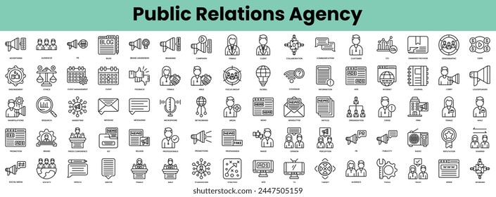 Set of public relations agency icons. Linear style icon bundle. Vector Illustration