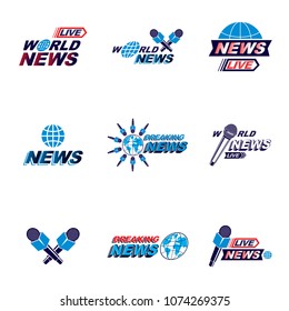 Set of public relations concept and press conference theme vector emblems and posters. Blue Earth, journalistic microphones composed with news writing. News and facts reporting.
