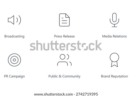 Set of Public Relations Icons: Broadcasting, Press Release, Media Relations, Campaign, Community, and Reputation