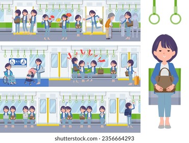 Un conjunto de mujeres de relaciones públicas en el tren. Es arte vectorial tan fácil de editar.