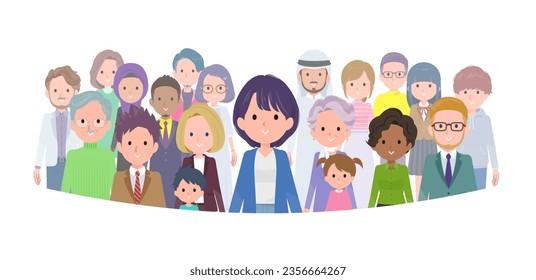 A set of Public relations women standing in front of a large number of people.It's vector art so easy to edit.