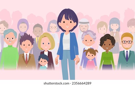 A set of Public relations women standing in front of a large number of people.It's vector art so easy to edit.