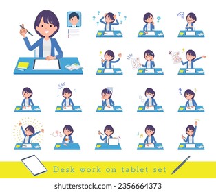 A set of Public relations women studying on a tablet device.It's vector art so easy to edit.