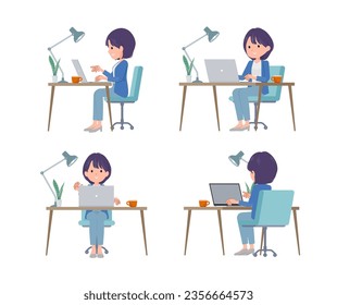 A set of Public relations women working at a desk at a computer.It's vector art so easy to edit.