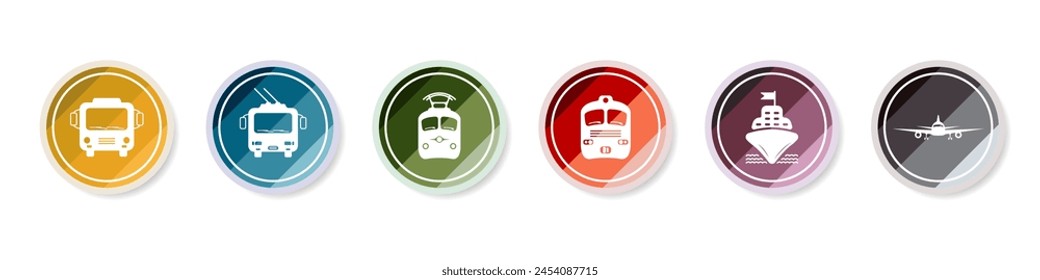 Set of public transport logo vector. Travel icon collection. Set of stylish buttons with transport. Modern transport logo. Transportation icons set. Vector illustration.