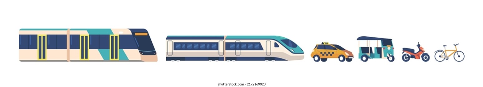 Set of Public Transport Metro, Train, Scooter, Taxi and Bicycle Isolated on White Background. City Commuter Transportation, Vehicle Cars Exhibition, Automotive Dealership. Cartoon Vector Illustration