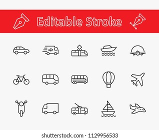 Set of Public Transport Related Vector Line Icons. Contains such Icons as Bus, Bike, Scooter, Car, balloon, Truck, Tram, Trolley, Sailboat, powerboat, Airplane and more. Editable Stroke. 32x32 Pixel
