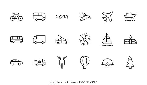 Set of Public Transport Related Vector Line Icons. Contains such Icons as Bus, Bike, Scooter, Car, balloon, Truck, Tram, Trolley, Sailboat, powerboat, Airplane and more. Editable Stroke. 32x32 Pixel