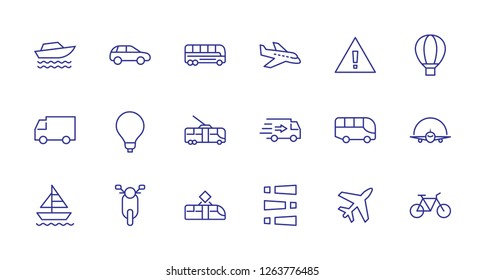 Set of Public Transport Related Vector Line Icons. Contains such Icons as Bus, Bike, Scooter, Car, balloon, Truck, Tram, Trolley, Sailboat, powerboat, Airplane and more. Editable Stroke. 32x32 Pixel