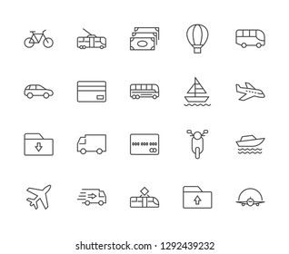 Set of Public Transport Related Vector Line Icons. Contains such Icons as Bus, Bike, Scooter, Car, balloon, Truck, Tram, Trolley, Sailboat, powerboat, Airplane and more. Editable Stroke. 32x32 Pixel