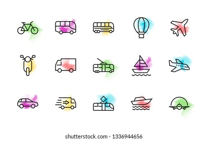 Set of Public Transport Related Vector Line Icons. Contains such Icons as Bus, Bike, Scooter, Car, balloon, Truck, Tram, Trolley, Sailboat, powerboat, Airplane and more. Editable Stroke. 32x32 Pixel