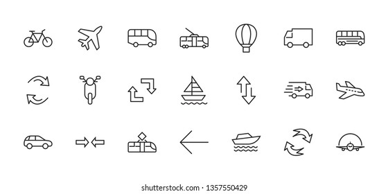 Set of Public Transport Related Vector Line Icons. Contains such Icons as Bus, Bike, Scooter, Car, balloon, Truck, Tram, Trolley, Sailboat, powerboat, Airplane and more. Editable Stroke. 32x32 Pixel