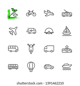 Set of Public Transport Related Vector Line Icons. Contains such Icons as Bus, Bike, Scooter, Car, balloon, Truck, Tram, Trolley, Sailboat, powerboat, Airplane and more. Editable Stroke. 32x32 Pixel