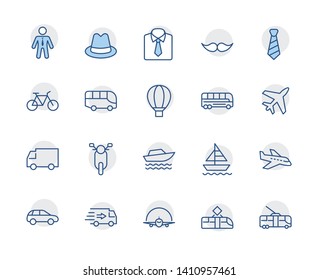 Set of Public Transport Related Vector Line Icons. Contains such Icons as Bus, Bike, Scooter, Car, balloon, Truck, Tram, Trolley, Sailboat, powerboat, Airplane and more. Editable Stroke. 32x32 Pixel