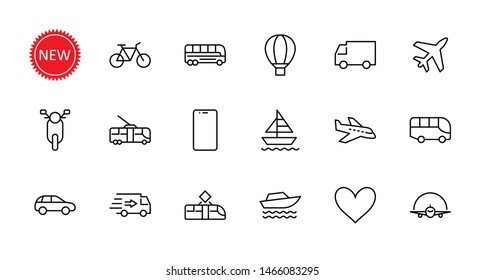 Set Public Transport Related Vector Line Icons  Contains such Icons as Bus  Bike  Scooter  Car  balloon  Truck  Tram  Trolley  Sailboat  powerboat  Airplane   more  Editable Stroke   