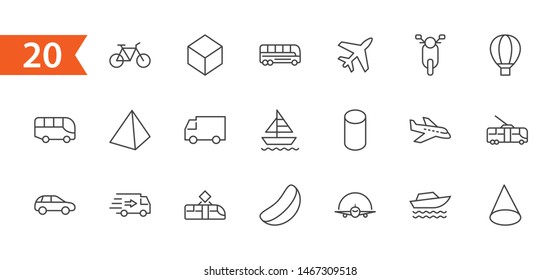 Set of Public Transport Related Vector Line Icons. Contains such Icons as Bus, Bike, Scooter, Car, balloon, Truck, Tram, Trolley, Sailboat, powerboat, Airplane and more. Editable Stroke. 32x32 Pixel