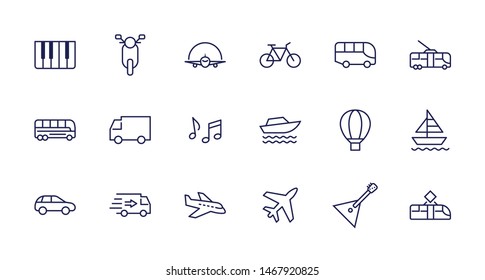 Set of Public Transport Related Vector Line Icons. Contains such Icons as Bus, Bike, Scooter, Car, balloon, Truck, Tram, Trolley, Sailboat, powerboat, Airplane and more. Editable Stroke. 32x32 Pixel