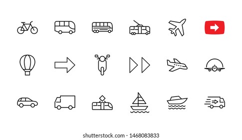 Set of Public Transport Related Vector Line Icons. Contains such Icons as Bus, Bike, Scooter, Car, balloon, Truck, Tram, Trolley, Sailboat, powerboat, Airplane and more. Editable Stroke. 32x32 Pixel