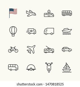 Set of Public Transport Related Vector Line Icons. Contains such Icons as Bus, Bike, Scooter, Car, balloon, Truck, Tram, Trolley, Sailboat, powerboat, Airplane and more. Editable Stroke. 32x32 Pixel