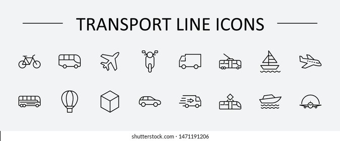 Set of Public Transport Related Vector Line Icons. Contains such Icons as Bus, Bike, Scooter, Car, balloon, Truck, Tram, Trolley, Sailboat, powerboat, Airplane and more. Editable Stroke. 32x32 Pixel