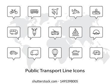 Set of Public Transport Related Vector Line Icons. Contains such Icons as Bus, Bike, Scooter, Car, balloon, Truck, Tram, Trolley, Sailboat, powerboat, Airplane and more. Editable Stroke. 32x32 Pixel