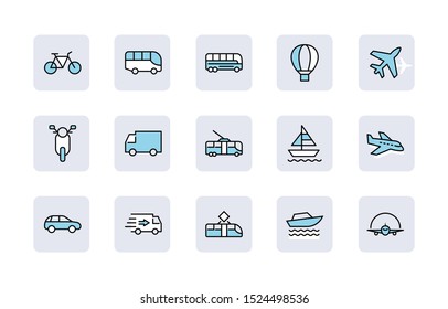 Set of Public Transport Related Vector Line Icons. Contains such Icons as Bus, Bike, Scooter, Car, balloon, Truck, Tram, Trolley, Sailboat, powerboat, Airplane and more. Editable Stroke. 32x32 Pixel