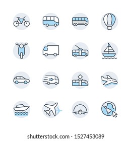 Conjunto de iconos de línea de vectores relacionados con el transporte público. Contiene íconos como Bus, Bike, Scooter, Camión, globo, Coche, tranvía, Trole, Sailboat, powerboat, Airplane y más. Trazo editable.  