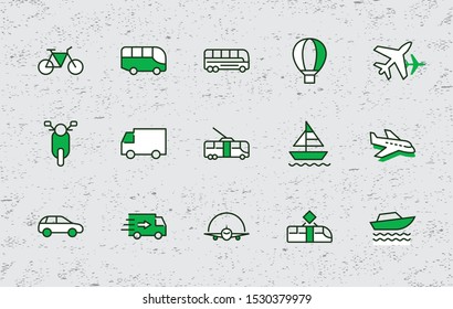 Set of Public Transport Related Vector Line Icons. Contains such Icons as Bus, Bike, Scooter, Car, balloon, Truck, Tram, Trolley, Sailboat, powerboat, Airplane and more. Editable Stroke. 32x32 Pixel