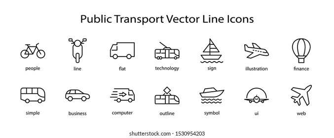 Set of Public Transport Related Vector Line Icons. Contains such Icons as Bus, Bike, Scooter, Car, balloon, Truck, Tram, Trolley, Sailboat, powerboat, Airplane and more. Editable Stroke. 32x32 Pixel