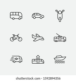 Set of Public Transport Related Vector Line Icons. Contains such Icons as Bus, Bike, Scooter, Car, balloon, Truck, Tram, Trolley, Sailboat, powerboat, Airplane and more. Editable Stroke. 32x32 Pixel
