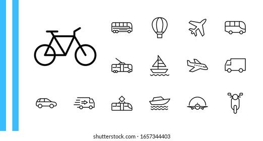 Set of Public Transport Related Vector Line Icons. Contains such Icons as Bus, Bike, Scooter, Car, balloon, Truck, Tram, Trolley, Sailboat, powerboat, Airplane and more. Editable Stroke. 32x32 Pixel