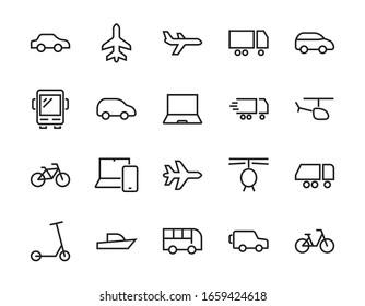 Set of public transport related vector line icons. Contains icons such as bus, bike, suitcase, car, scooter, truck, transport, trolley bus, sailboat, motor boat, plane and much more. Editable stroke