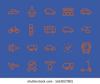 Set of public transport related vector line icons. Contains icons such as bus, bike, suitcase, car, scooter, truck, transport, trolley bus, sailboat, motor boat, plane and much more. Editable stroke