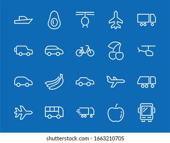  Set of public transport related vector line icons. Contains icons such as bus, bike, suitcase, car, scooter, truck, transport, trolley bus, sailboat, motor boat, plane and much more. Editable stroke