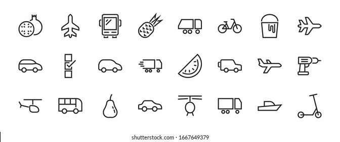  Set of public transport related vector line icons. Contains icons such as bus, bike, suitcase, car, scooter, truck, transport, trolley bus, motor boat, plane and much more. Editable stroke