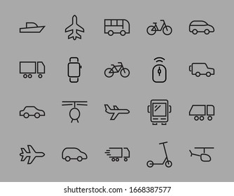  Set von Symbolen für die Vektorillustration mit öffentlichen Verkehrsmitteln. Enthält Symbole wie Bus, Fahrrad, Koffer, Auto, Roller, LKW, Transport, Trolleybus, Segelboot, Motorboot, Flugzeug und vieles mehr. Bearbeitbarer Hub