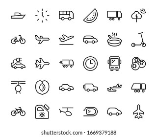  Set of public transport related vector line icons. Contains icons such as bus, bike, suitcase, car, scooter, truck, transport, trolley bus, sailboat, motor boat, plane and much more. Editable stroke