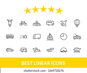 Set of Public Transport Related Vector Line Icons. Contains such Icons as Bus, Bike, Scooter, Car, balloon, Truck, Tram, Trolley, Sailboat, powerboat, Airplane and more. Editable Stroke. 32x32 Pixel